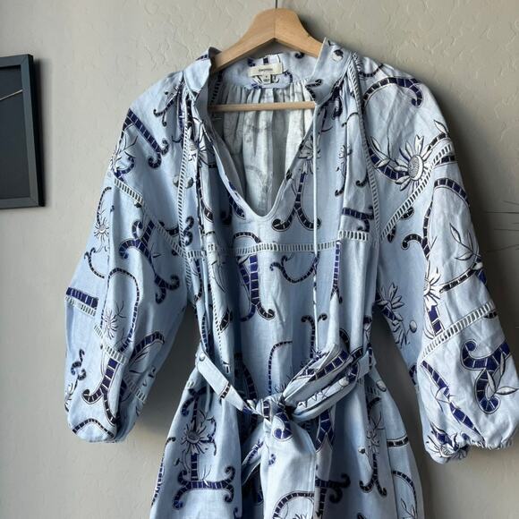 Oroton Dress Linen Lace Flower Smock Blue Floral Print Tie Neck Mini Dress 8 - Picture 6 of 10